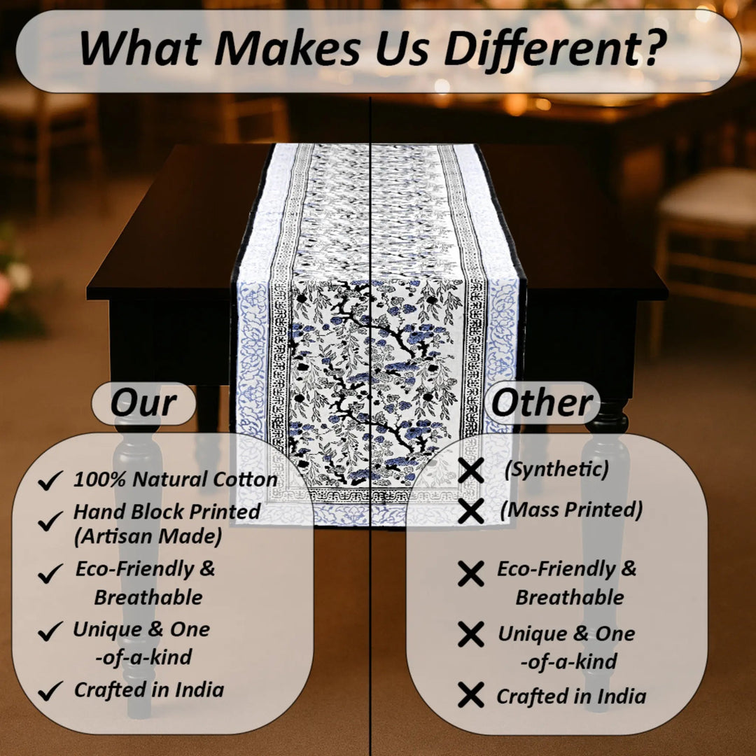 Table runner with text comparing 100% natural cotton to synthetic materials.
