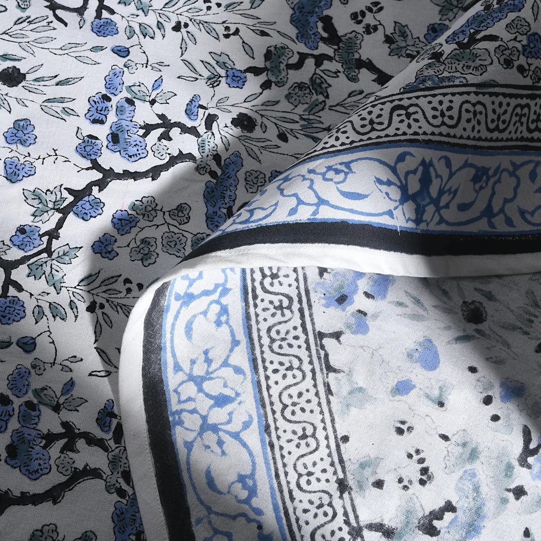 Close-up of patterned fabric with blue, black, and white design