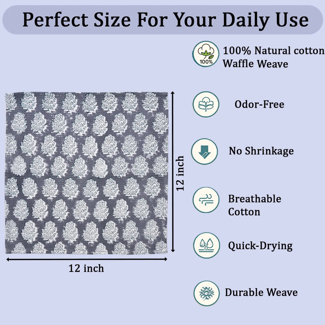 Cotton fabric with a pattern, size 12x12 inches, and listed properties on a light blue background.