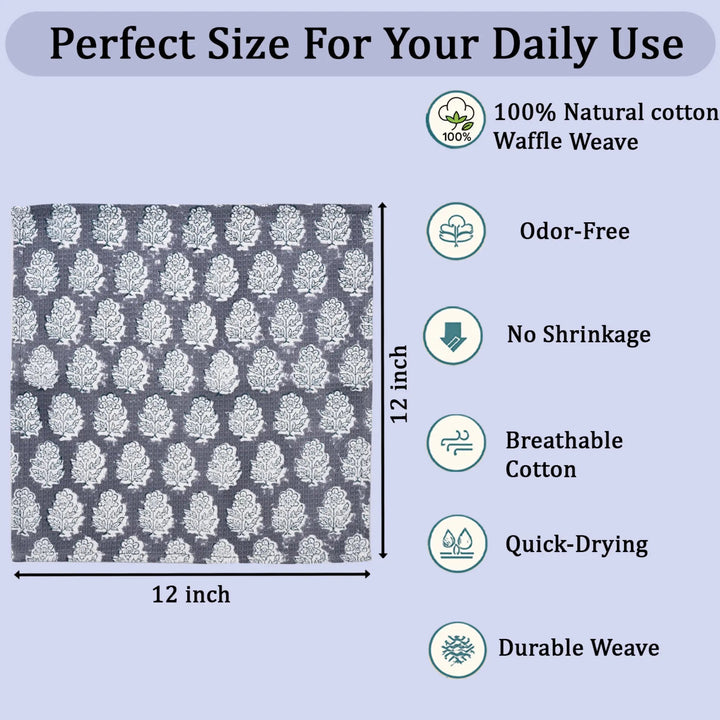 Cotton fabric with a pattern, size 12x12 inches, and listed properties on a light blue background.