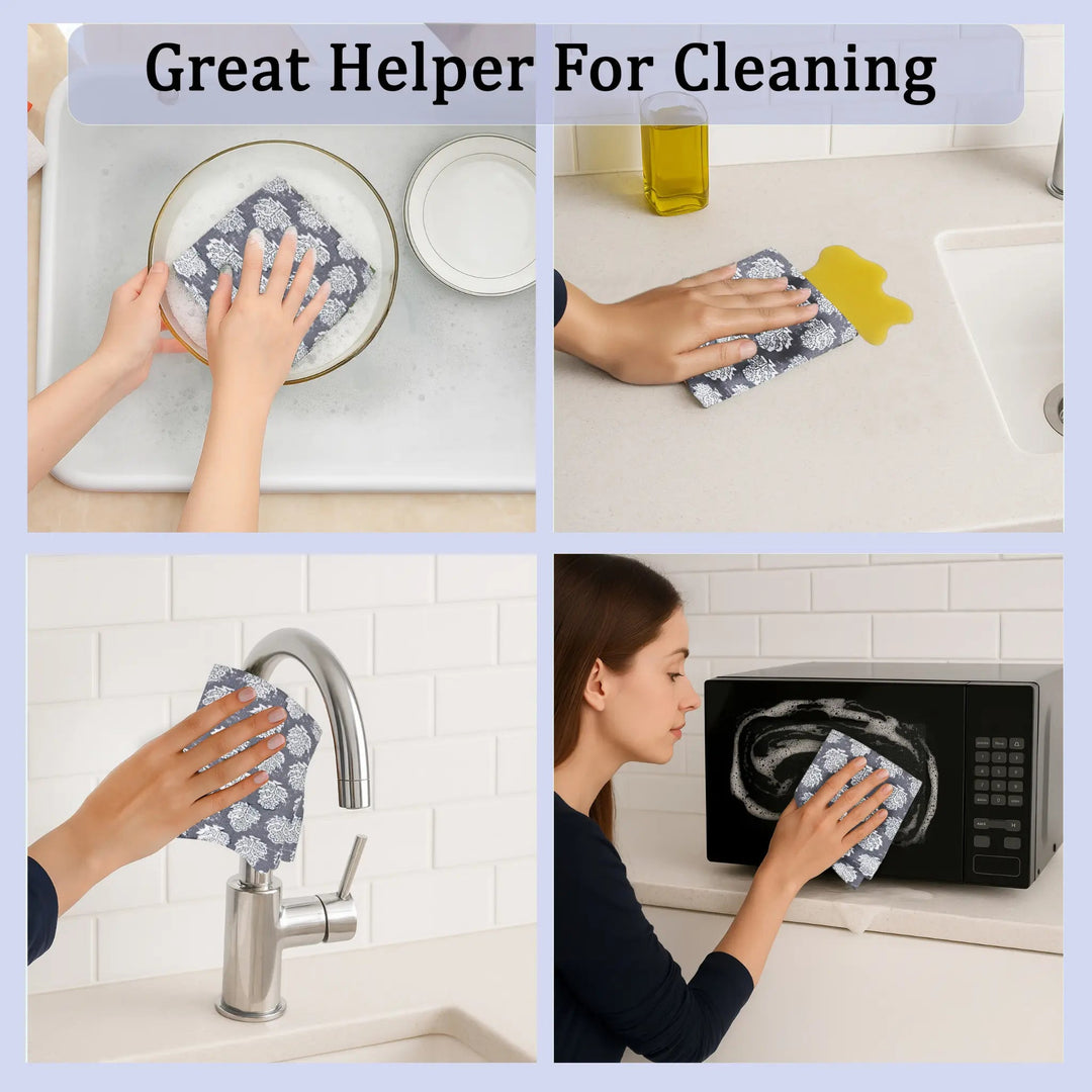 Collage of a person using a cleaning cloth in various kitchen scenarios.