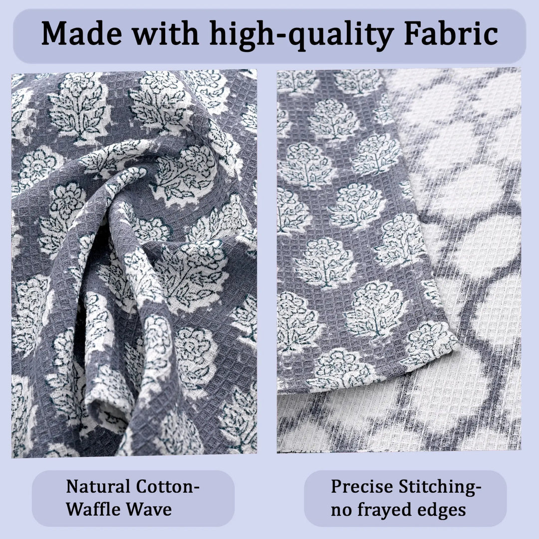 High-quality fabric with floral pattern and waffle texture, labeled &