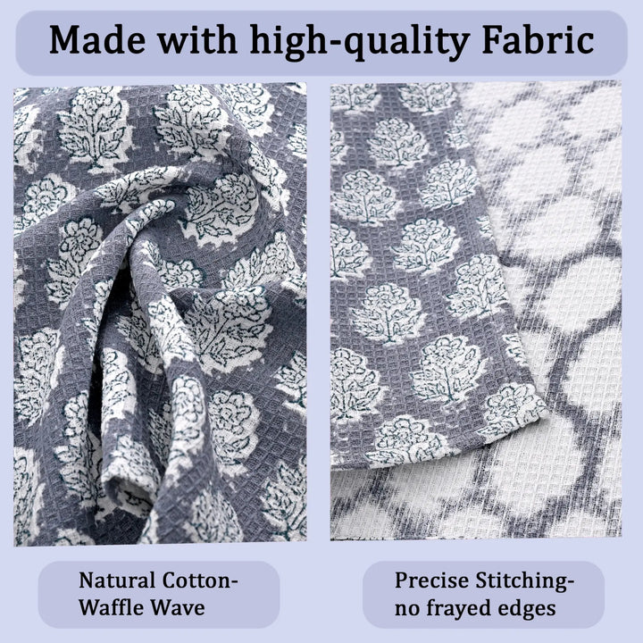High-quality fabric with floral pattern and waffle texture, labeled &