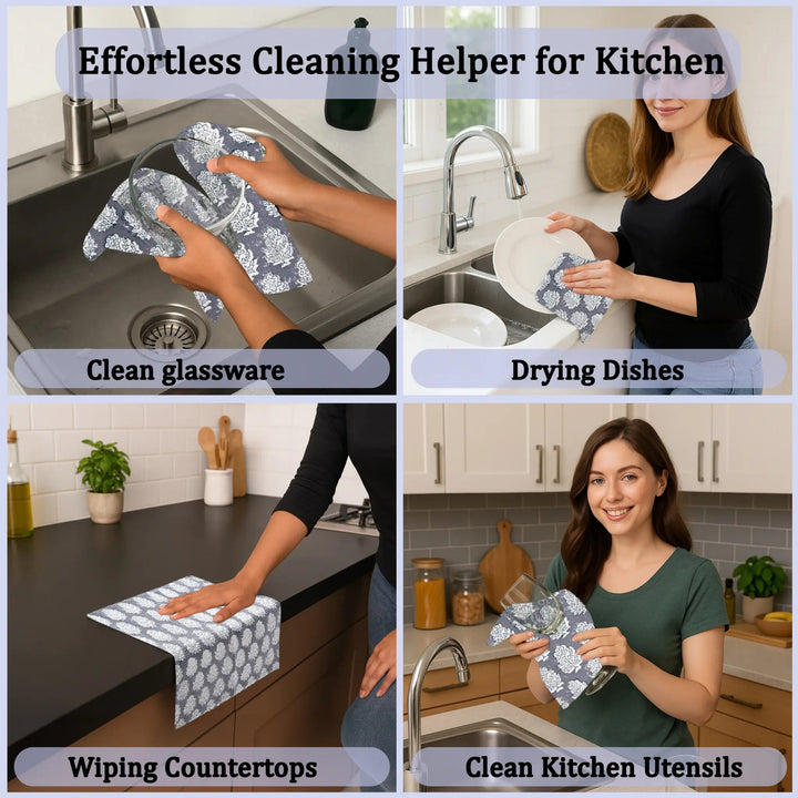 Collage of a woman using a cleaning cloth in various kitchen scenarios with text overlay.