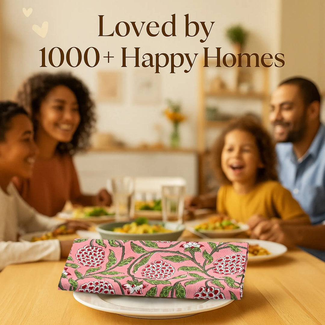 Family enjoying a meal together with a decorative napkin on a table.