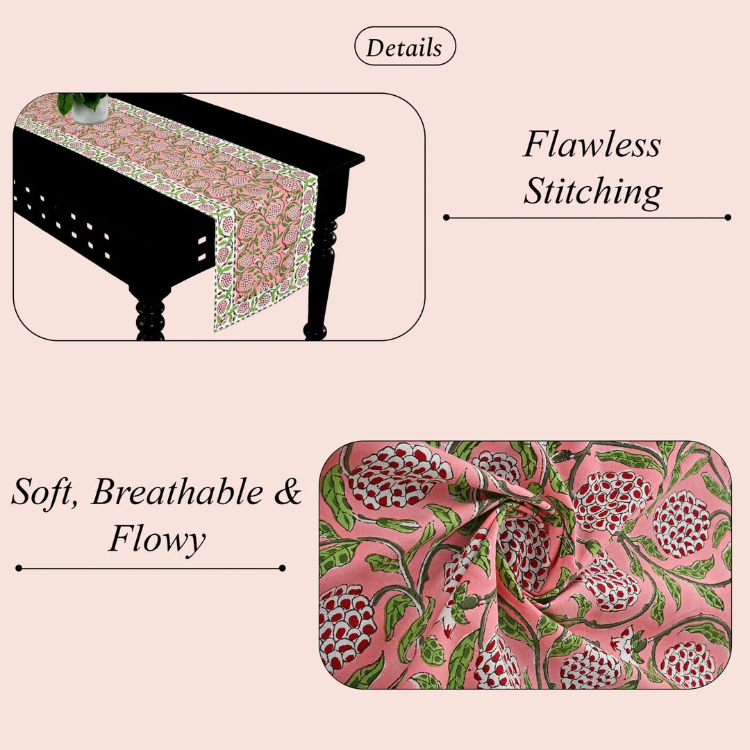 Table runner with floral pattern on a table, highlighting &