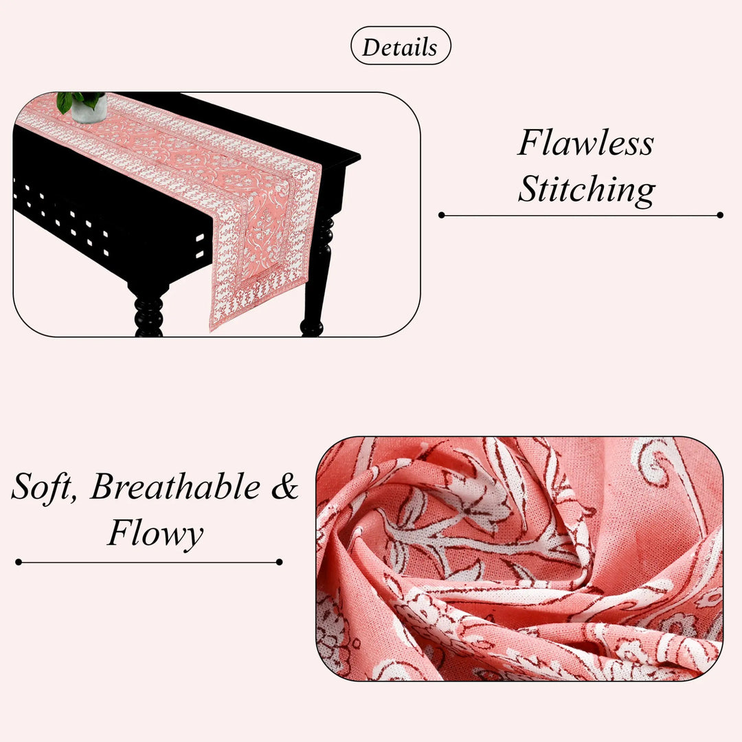Coral table runner with floral pattern on a black table, highlighting &