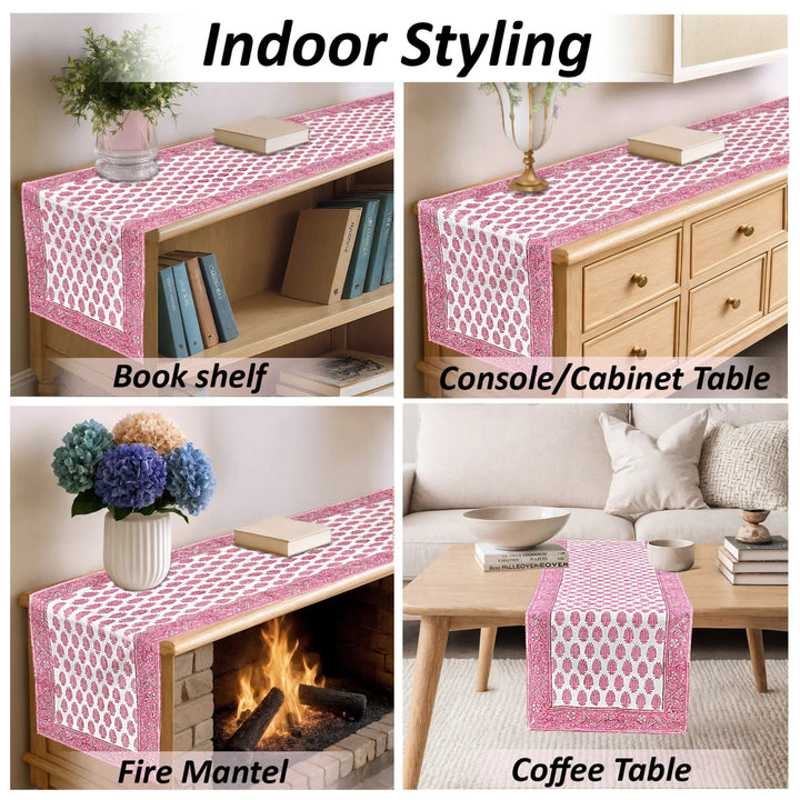 Pink patterned table runner displayed on various furniture items with text &