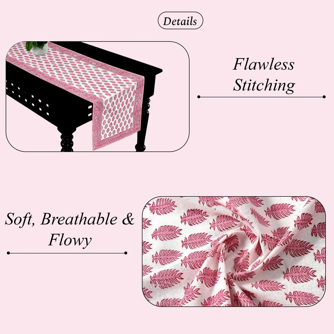 Pink table runner on a black table with text highlighting &