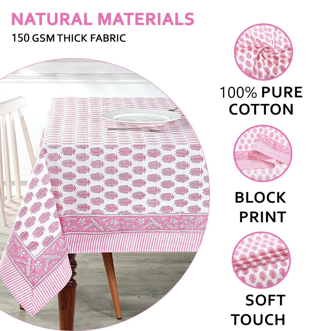 Pink and white patterned tablecloth on a table with text highlighting natural materials and fabric details.