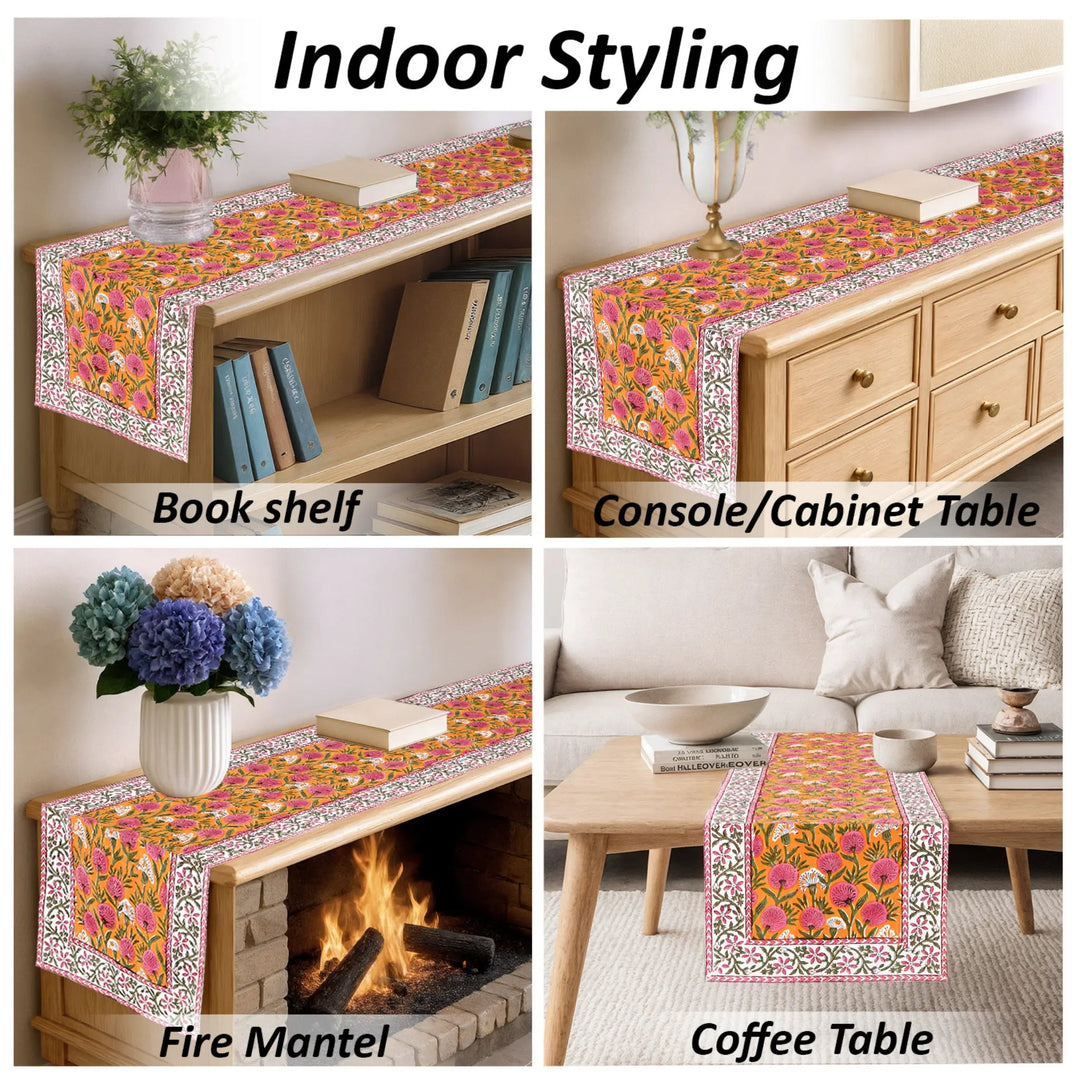 Floral table runner displayed on various furniture pieces with text &