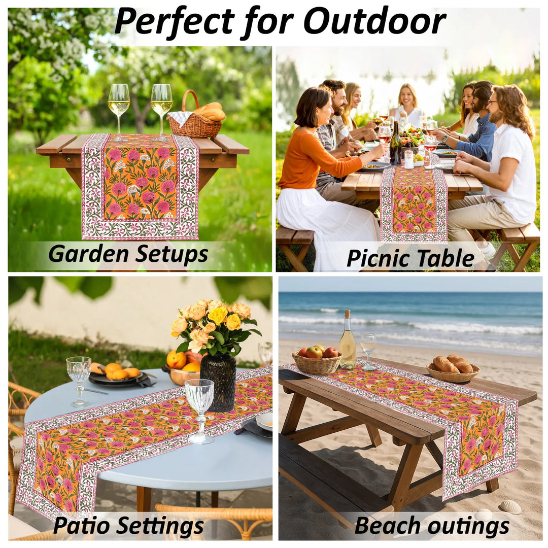 Table runner with floral design used in various outdoor settings including garden, picnic, patio, and beach.