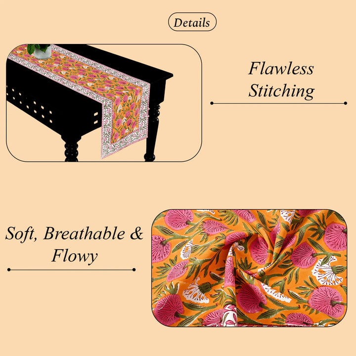 Floral patterned table runner on a table with text highlighting &