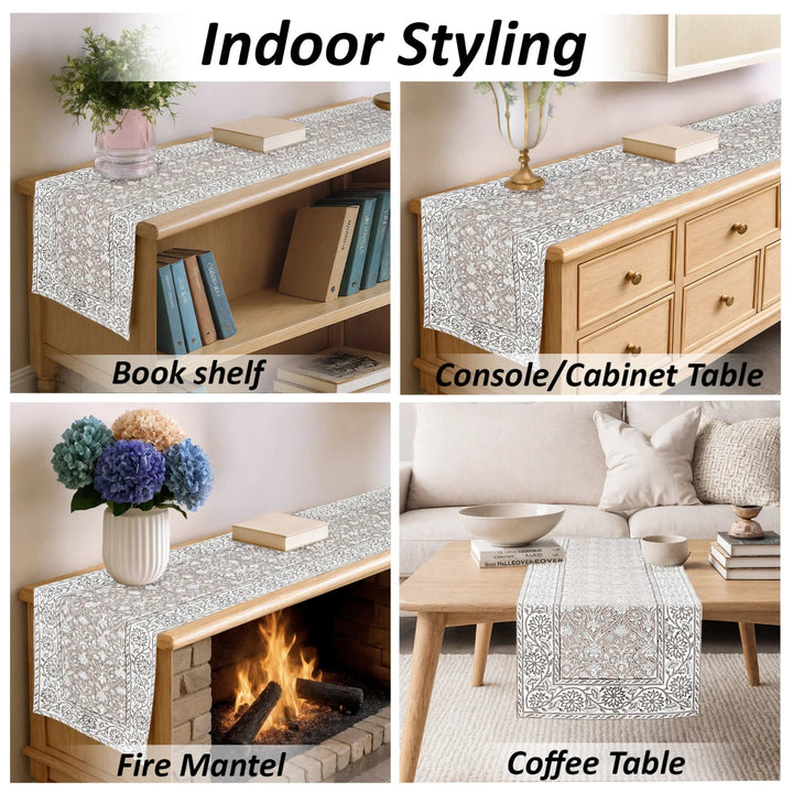 Table runner used on bookshelf, console table, fire mantel, and coffee table with decorative items.