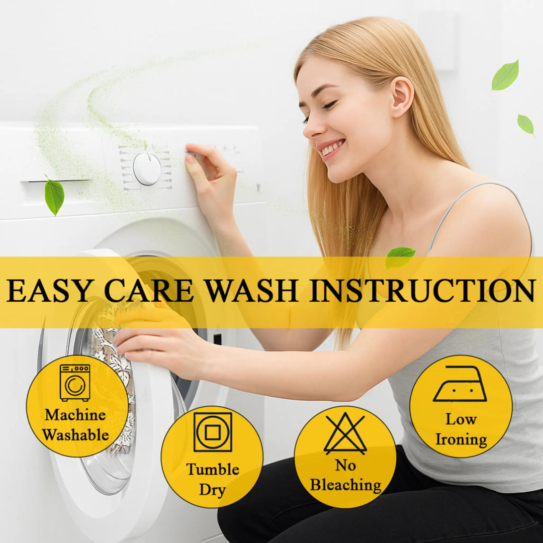 Woman interacting with a washing machine with text about easy care wash instructions.