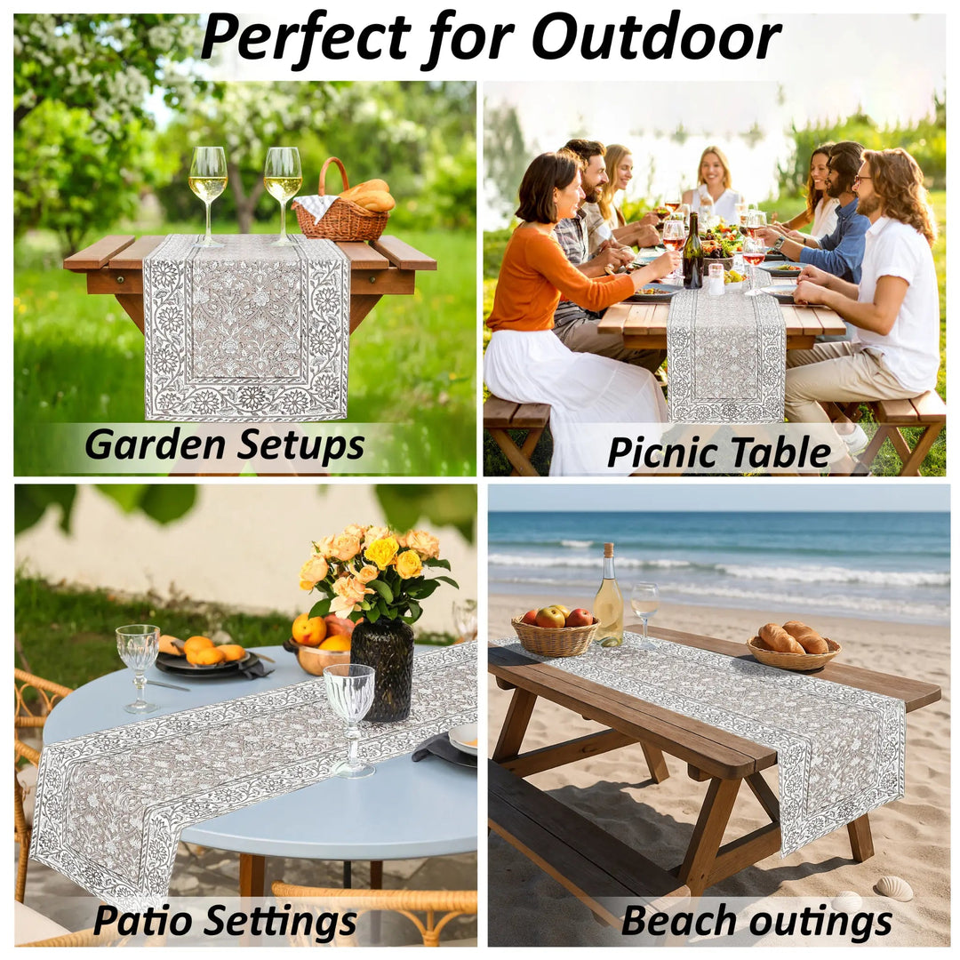 Tablecloth used in various outdoor settings including garden, picnic, patio, and beach.