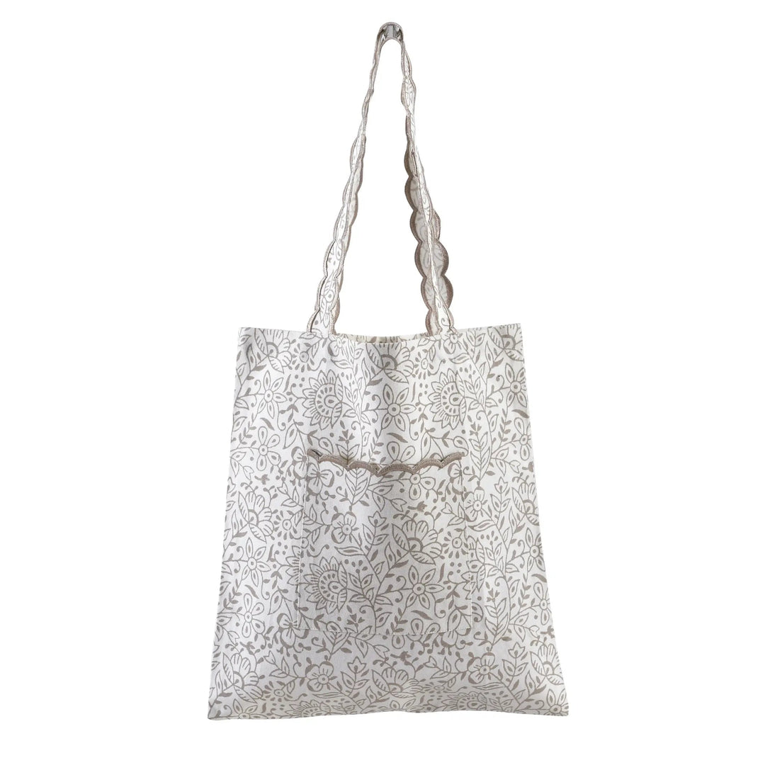 White tote bag with gray floral pattern on a white background