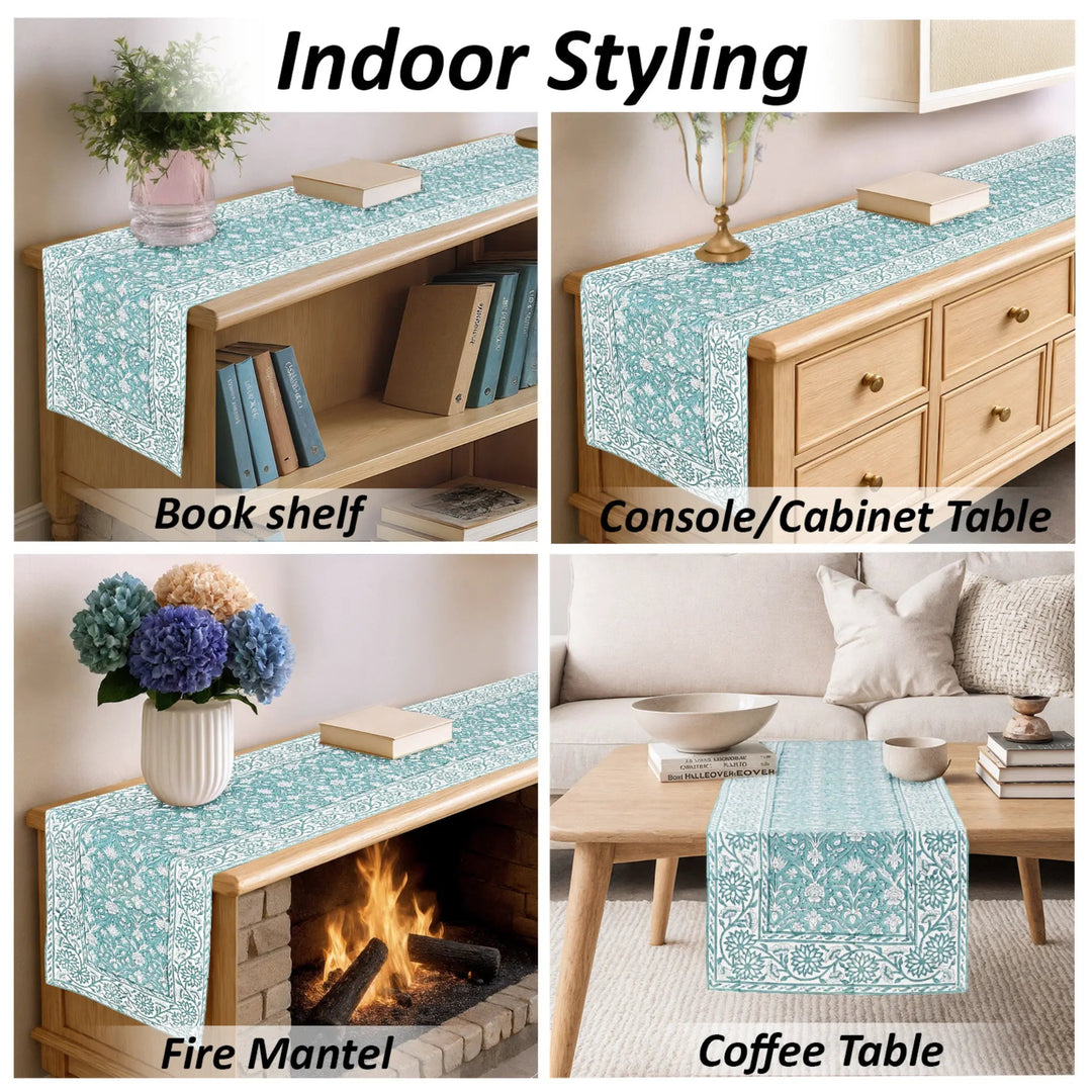 Collage of a decorative table runner used on various furniture pieces including a bookshelf, console cabinet, fire mantel, and coffee table.