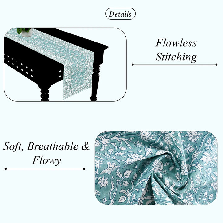 Teal floral table runner on a black table with text highlighting features like &