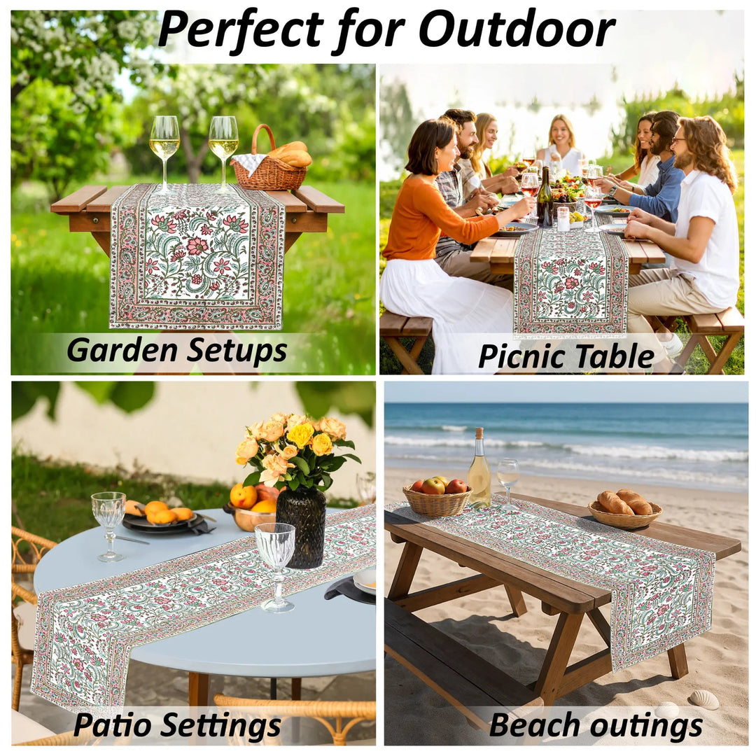 Table runner with floral pattern used in various outdoor settings including garden, picnic, patio, and beach.