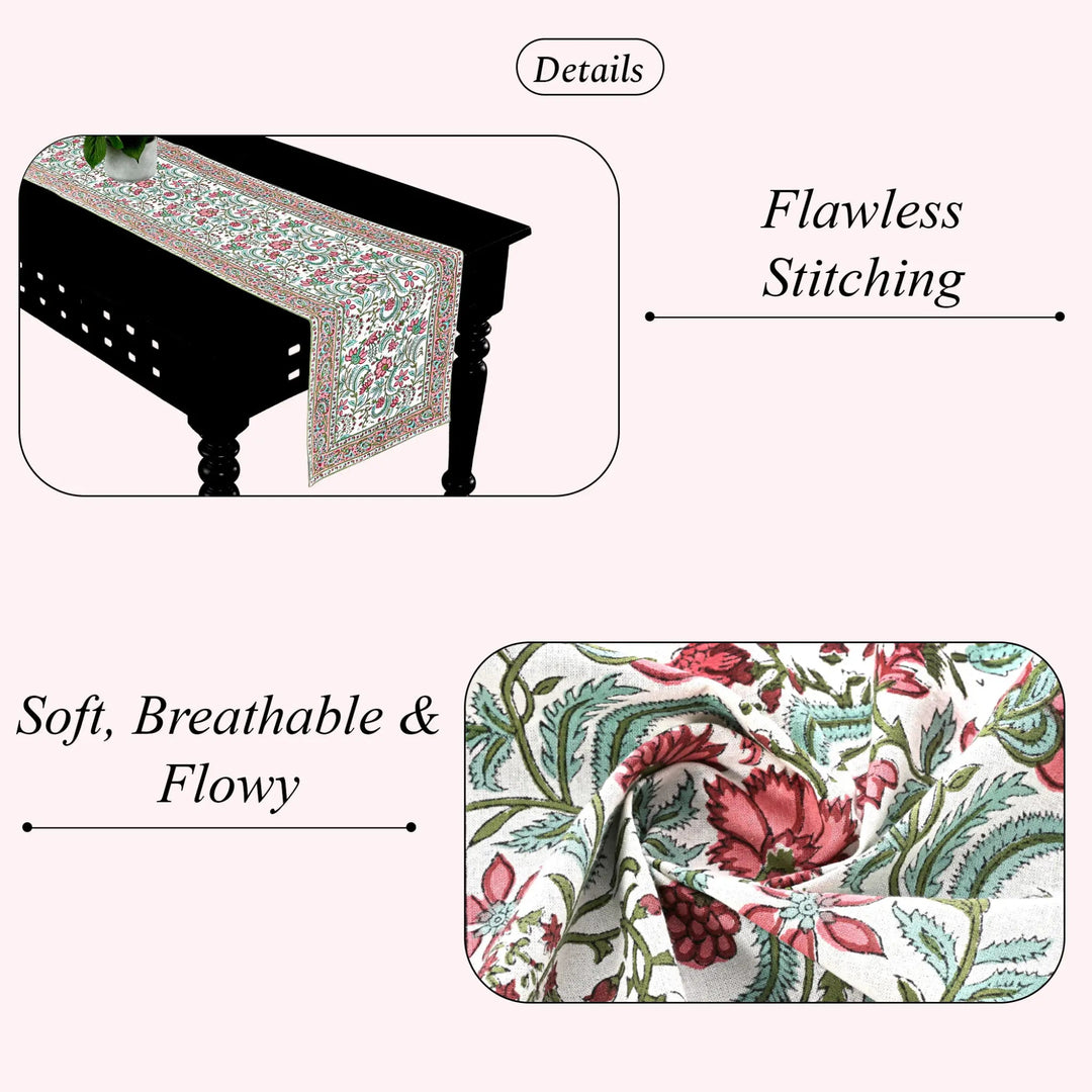 Floral table runner on a black table with text highlighting &