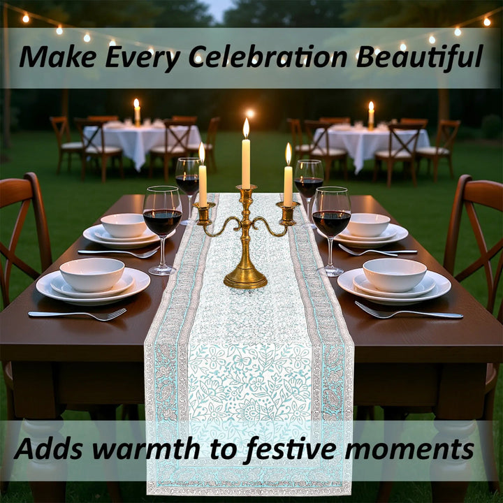 Dining table set for a celebration with candles and wine glasses, text overlay about making celebrations beautiful.