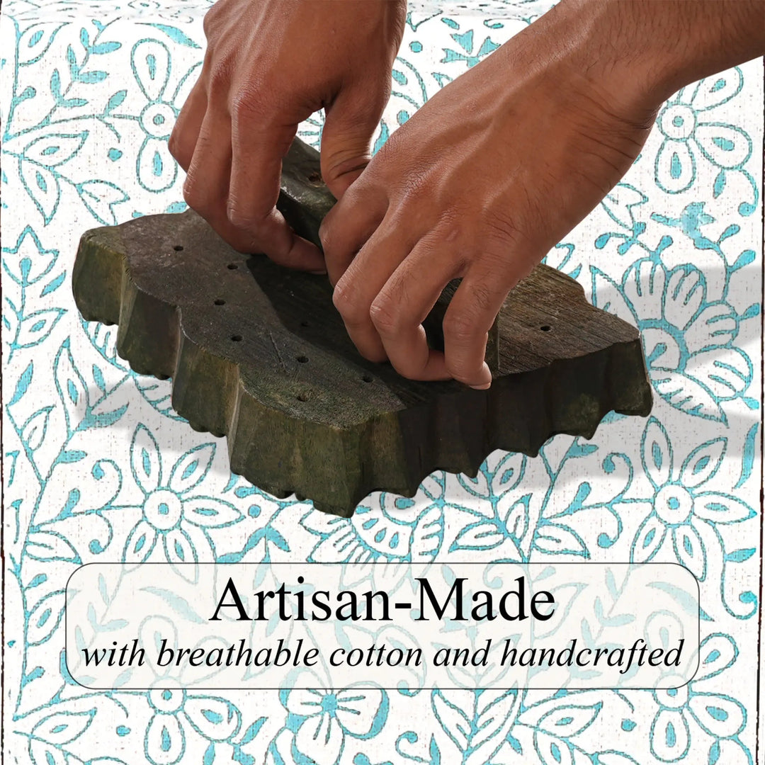 Hands using a textured green object with a floral patterned background and text &