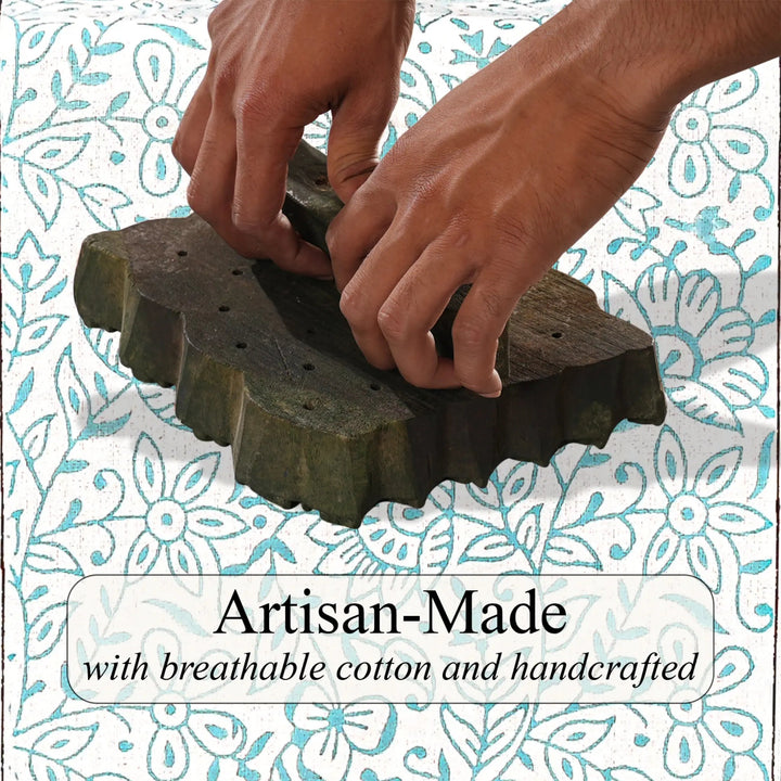 Hands using a textured green object with a floral patterned background and text &