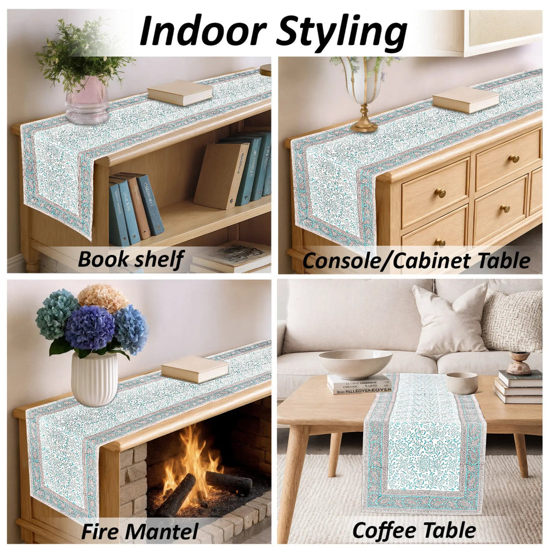 Table runner displayed on various furniture pieces with text &