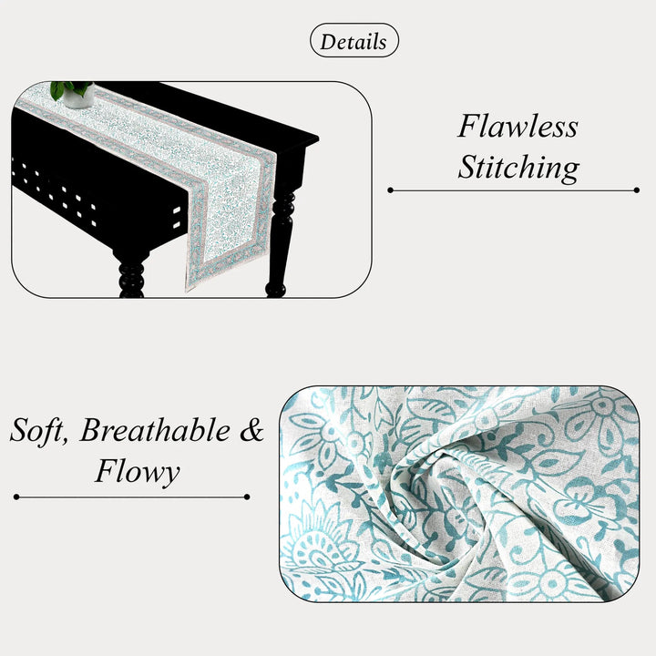 Textured table runner with floral pattern on a white background, highlighting &