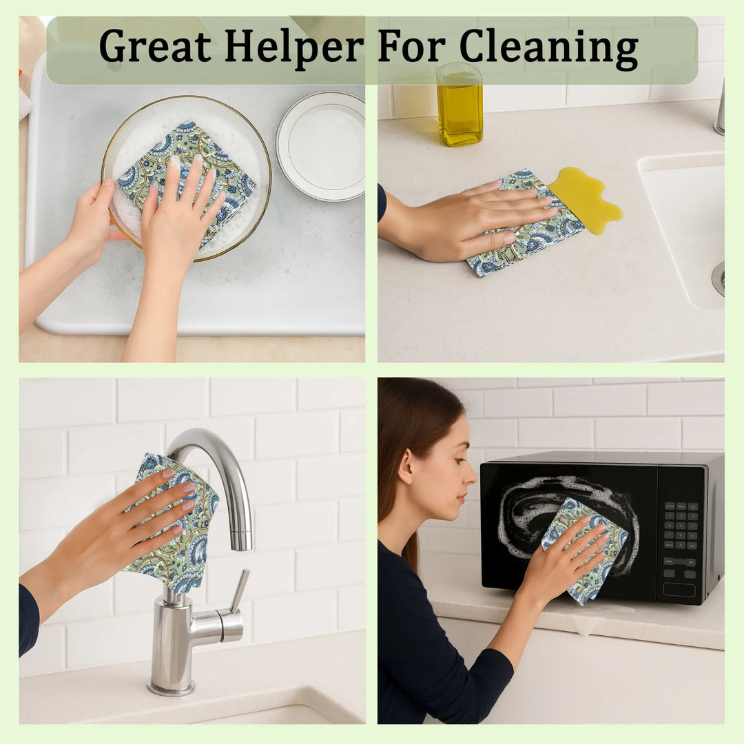 Multifunctional cleaning cloth being used to clean various surfaces in a kitchen.