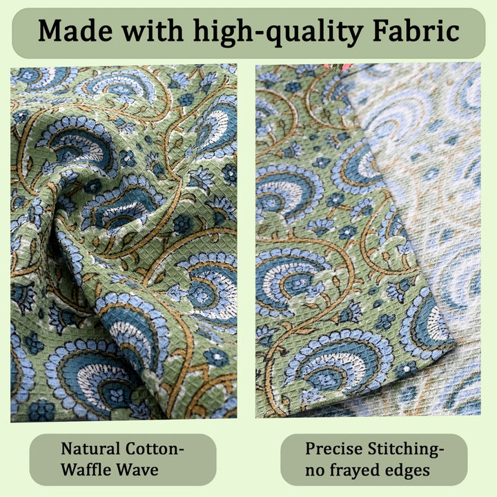 High-quality fabric with paisley pattern and text highlighting natural cotton and precise stitching.