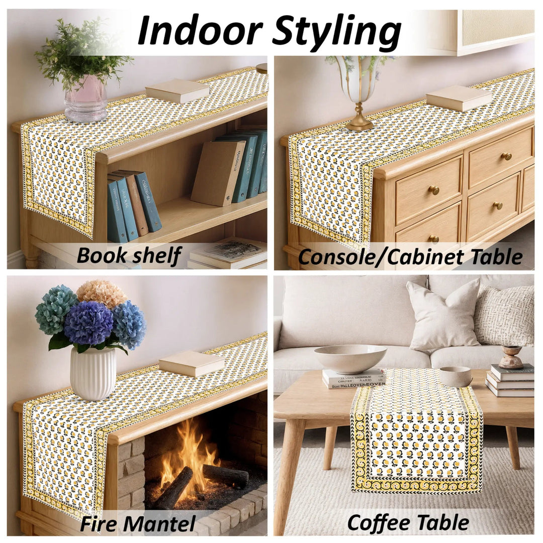 Table runner displayed on various furniture pieces with text &