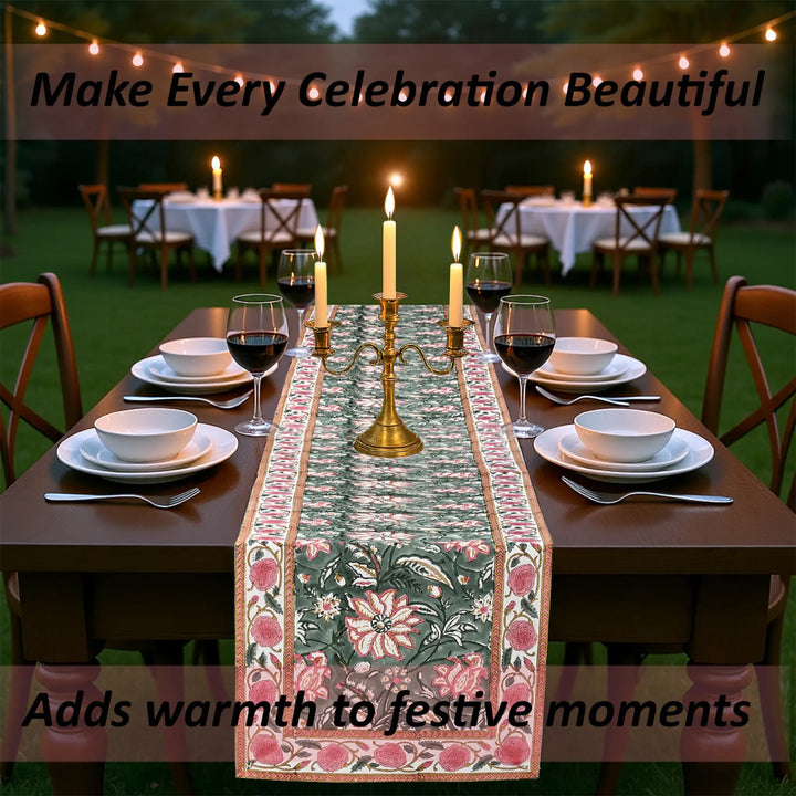 Decorative table runner on a set dining table with candles and wine glasses, outdoor setting.