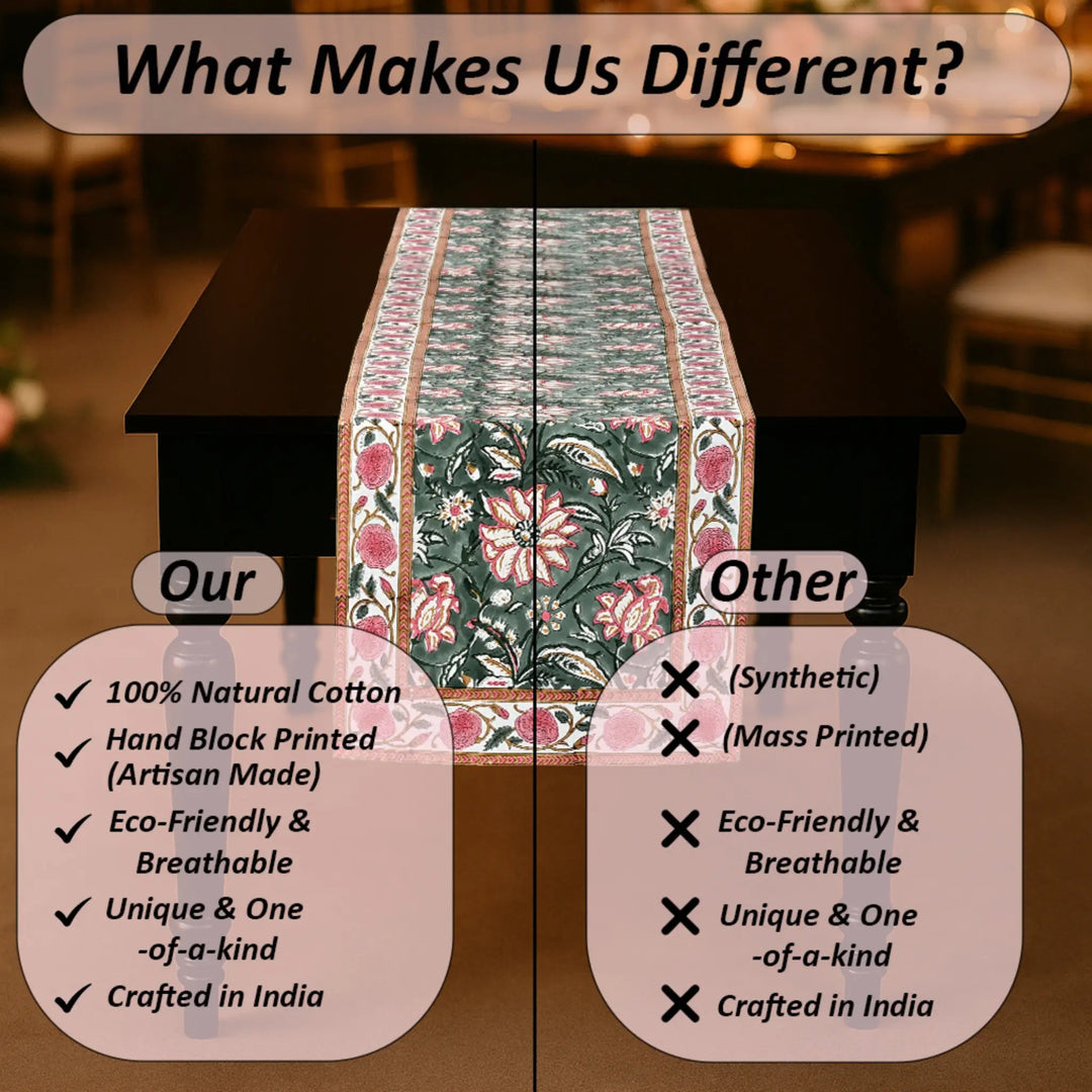 Table runner with floral design on a table, comparing &