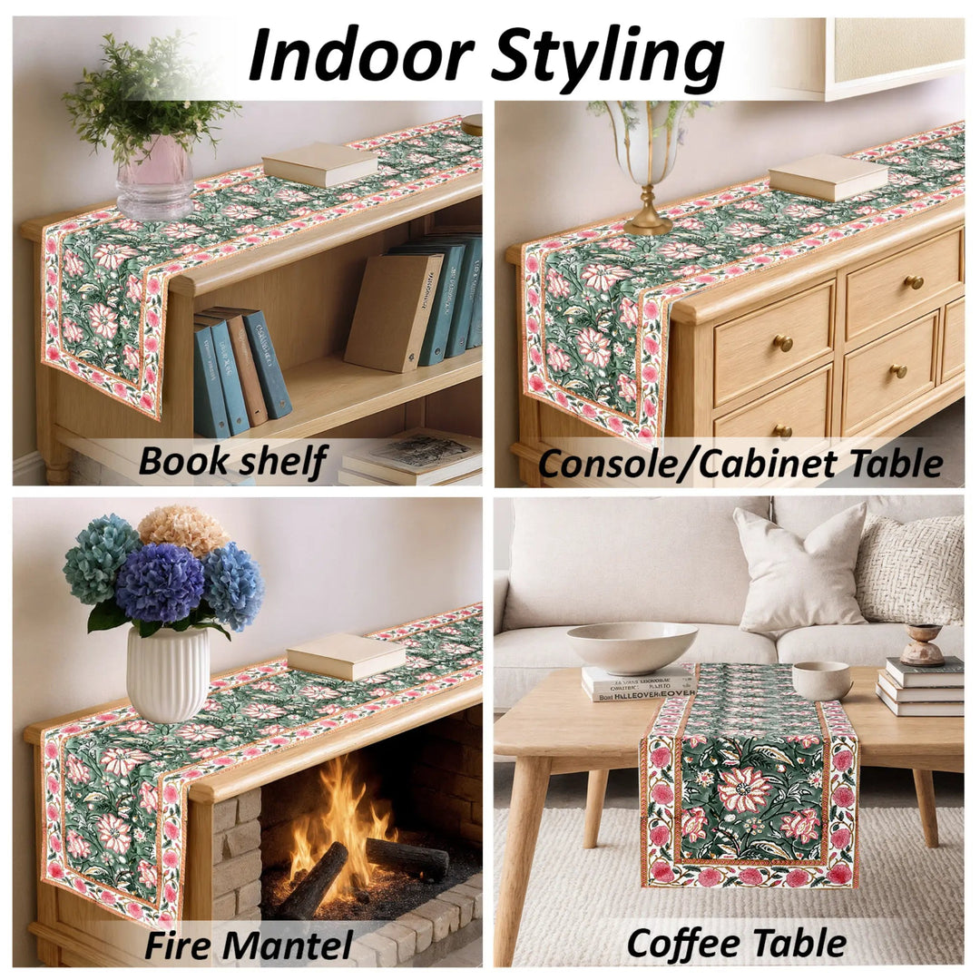 Floral table runner displayed on various furniture pieces with text &