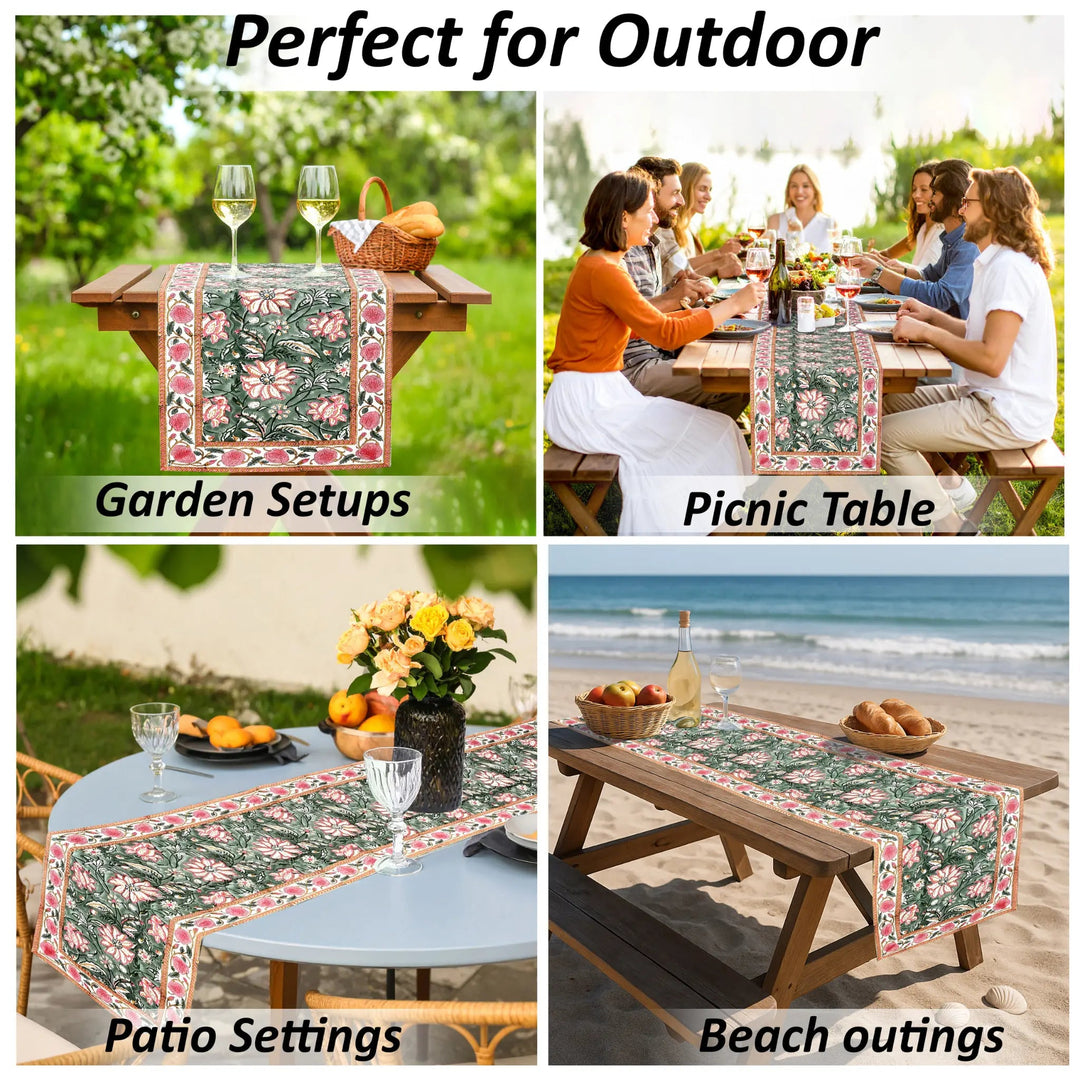 Table runner with floral design used in various outdoor settings including garden, picnic, patio, and beach.