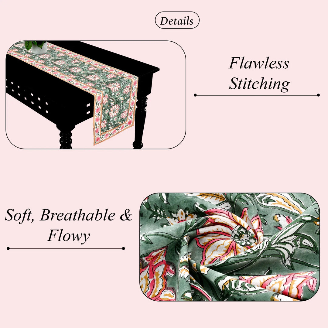 Table runner with floral pattern on a table, highlighting &