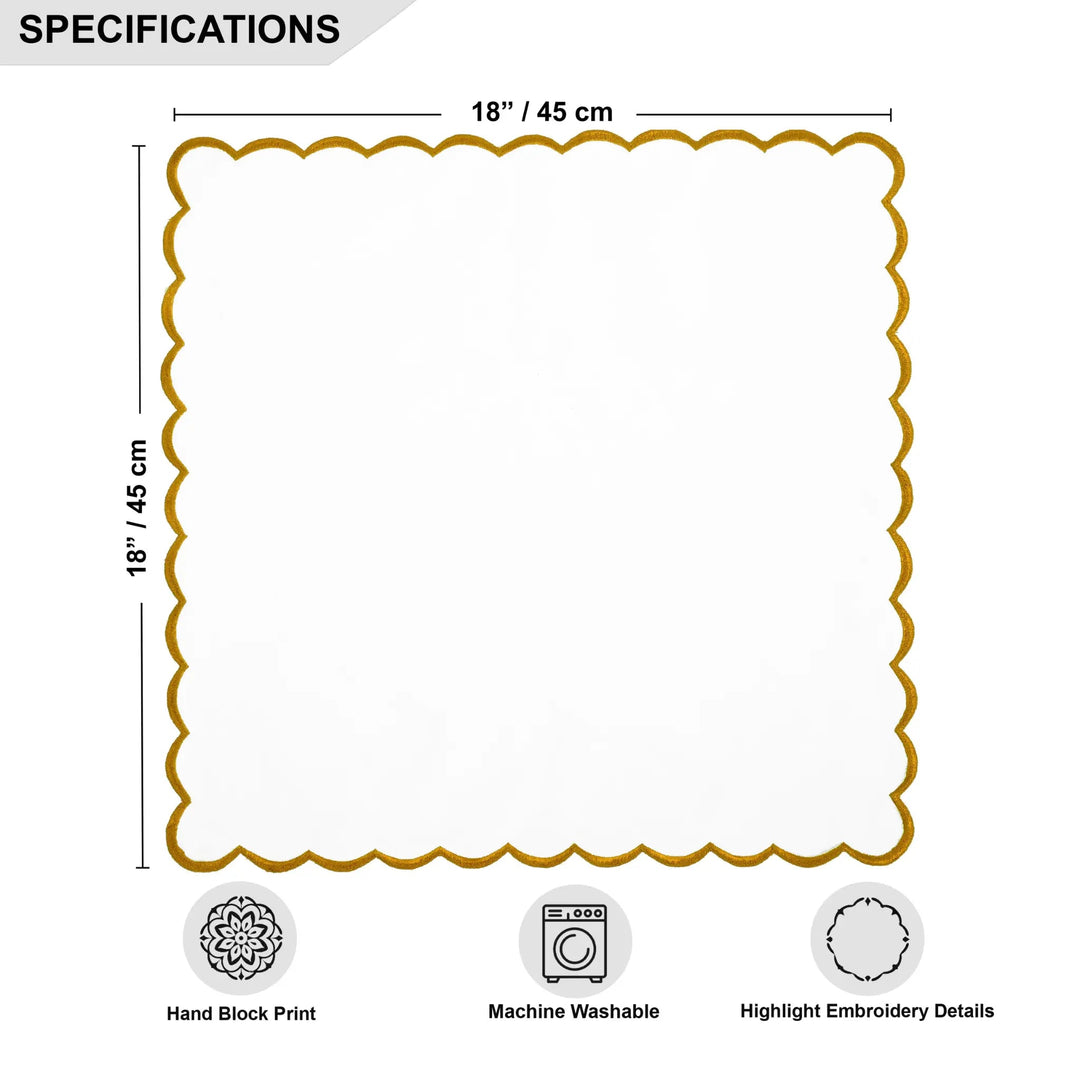 Measurement chart with a decorative border and text indicating dimensions, print type, washability, and embroidery details.