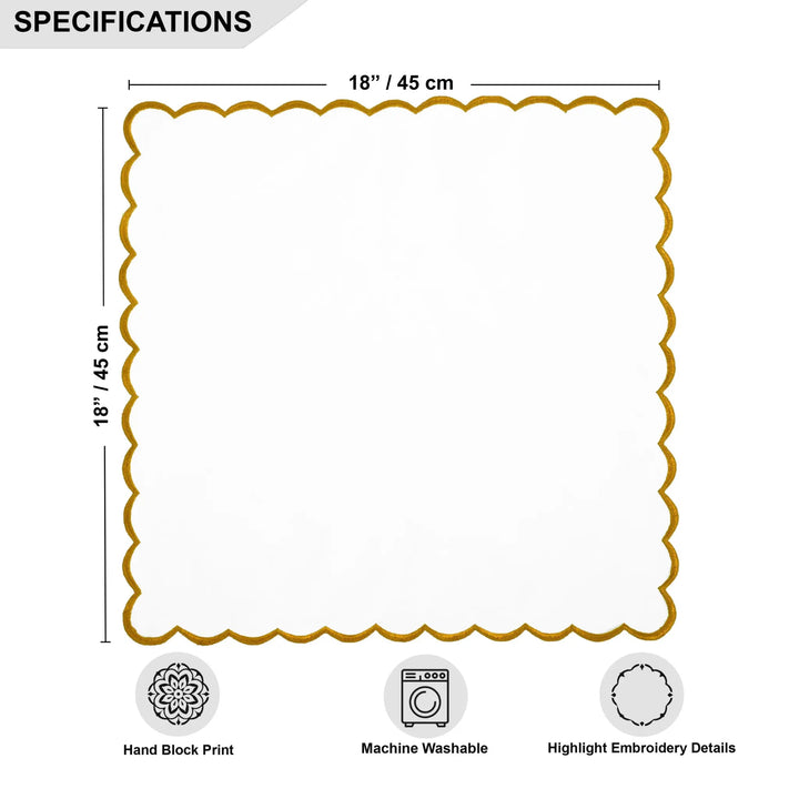 Measurement chart with a decorative border and text indicating dimensions, print type, washability, and embroidery details.