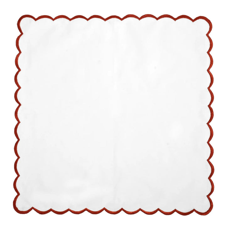 White square with a red scalloped border on a white background